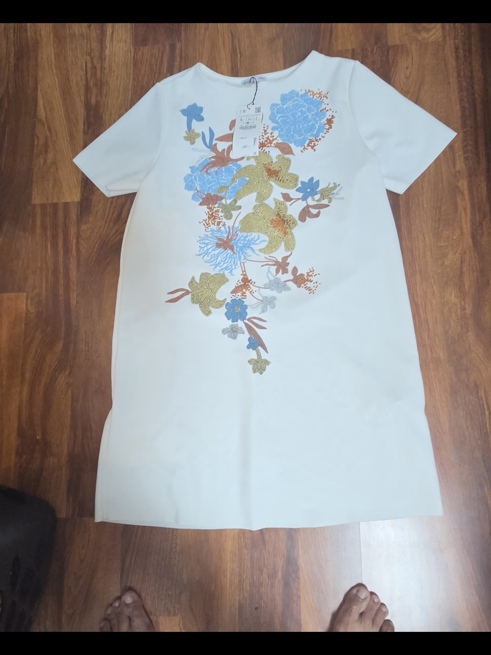 Zara White  with Blue and Copper Embroidered Textured Floral Motif  Mini Dress